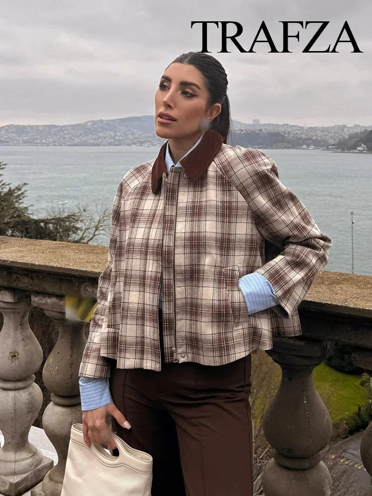 TRAFZA-Veste Courte à Carreaux pour Femme, Haut Rétro à Revers, Manches sulf, Poches, Fermeture Éclair, Streetwear, Printemps 2025