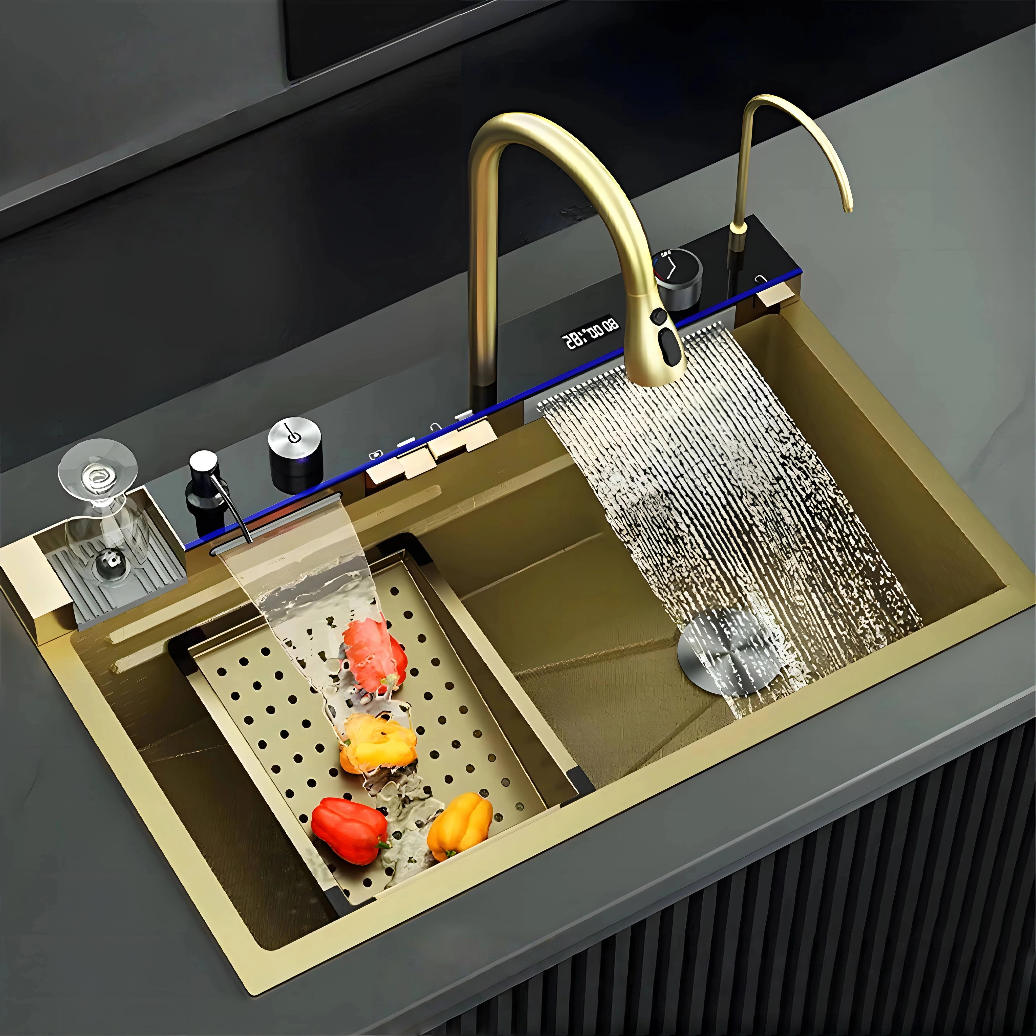 

Feiyu Waterfall Digital Display 304 Stainless Steel Kiten Sink Large Single Washing Basin Manual Washing Basin Right