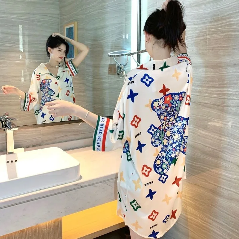 Ice Silk Nightdress Female Summer Red 2024 New Short-sleeved Thin Sexy Pure Desire Shirt Big Size Wear Nightdress Nuit Femme