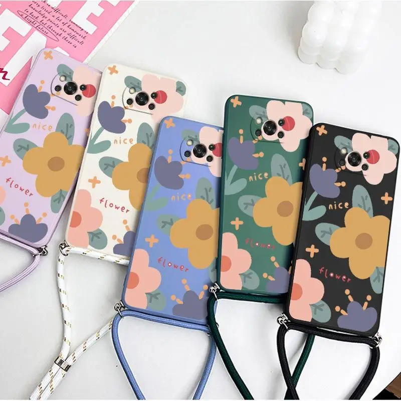 Custodia per telefono in Silicone con cordino a tracolla con fiori caldi per Xiaomi Poco M5 M4 Pro F4 X4 GT F4 GT X4 F3 X3 M3 X3 NFC X3 Pro C40 Cover