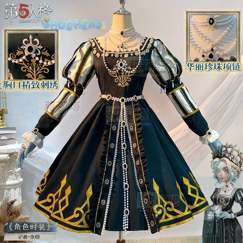 Alice Reporter Cosplay Costume, Jogo Identidade V Traje, Sapatos Acessórios, Adereços, Luvas, Colares, Festa de Halloween, Conjunto Completo, Vestidos Sexy