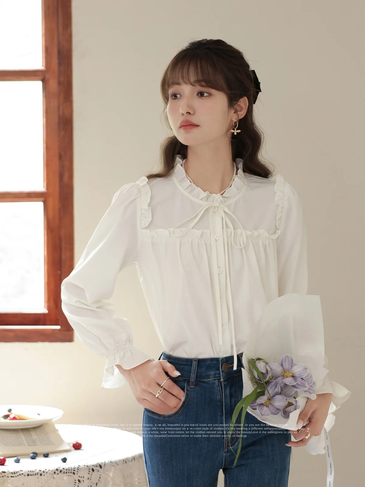 

Женская модная блузка Ele White Knot с длинным рукавом, свободного кроя, однотонная, для садовых прогулок, в нежном стиле