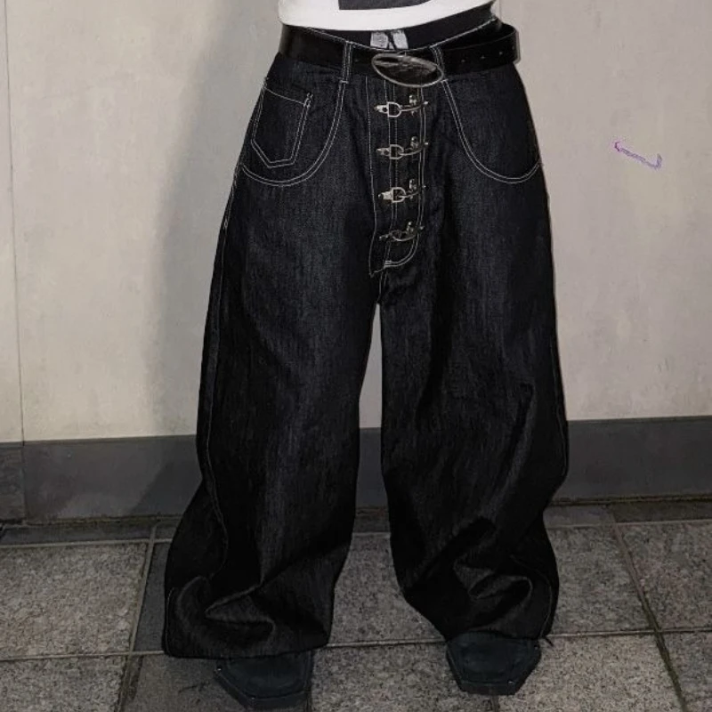 

American Vintage Full Length Wide Leg Jeans Women Distressed Button Denim Retro Low Waist Punk Style Streetwear 2025 Autumn