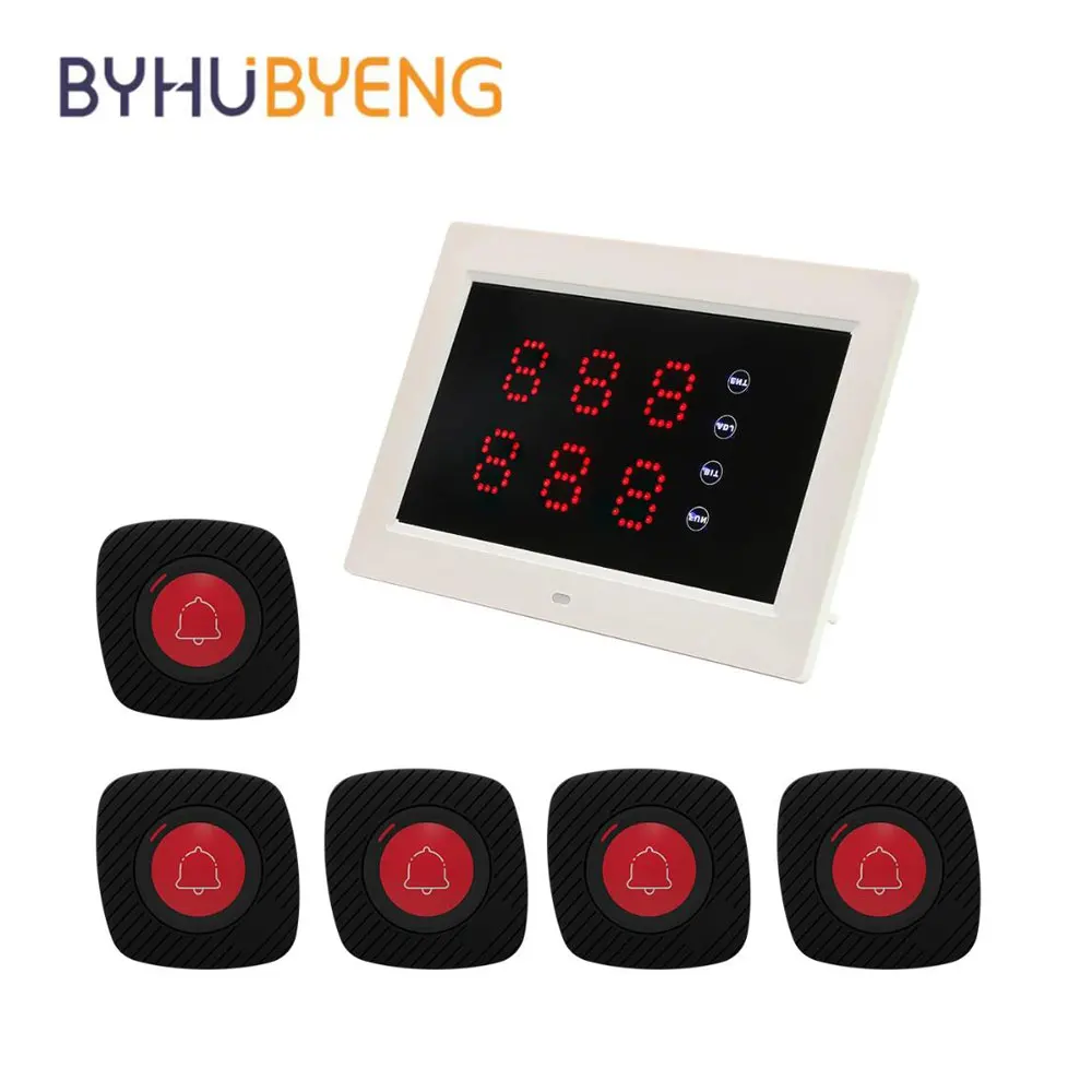 

BYHUBYENG Wireless Calling System Patient Pager System 1 Display +5 Buttons for Nursing Home Clinic Caregiver Restaurant