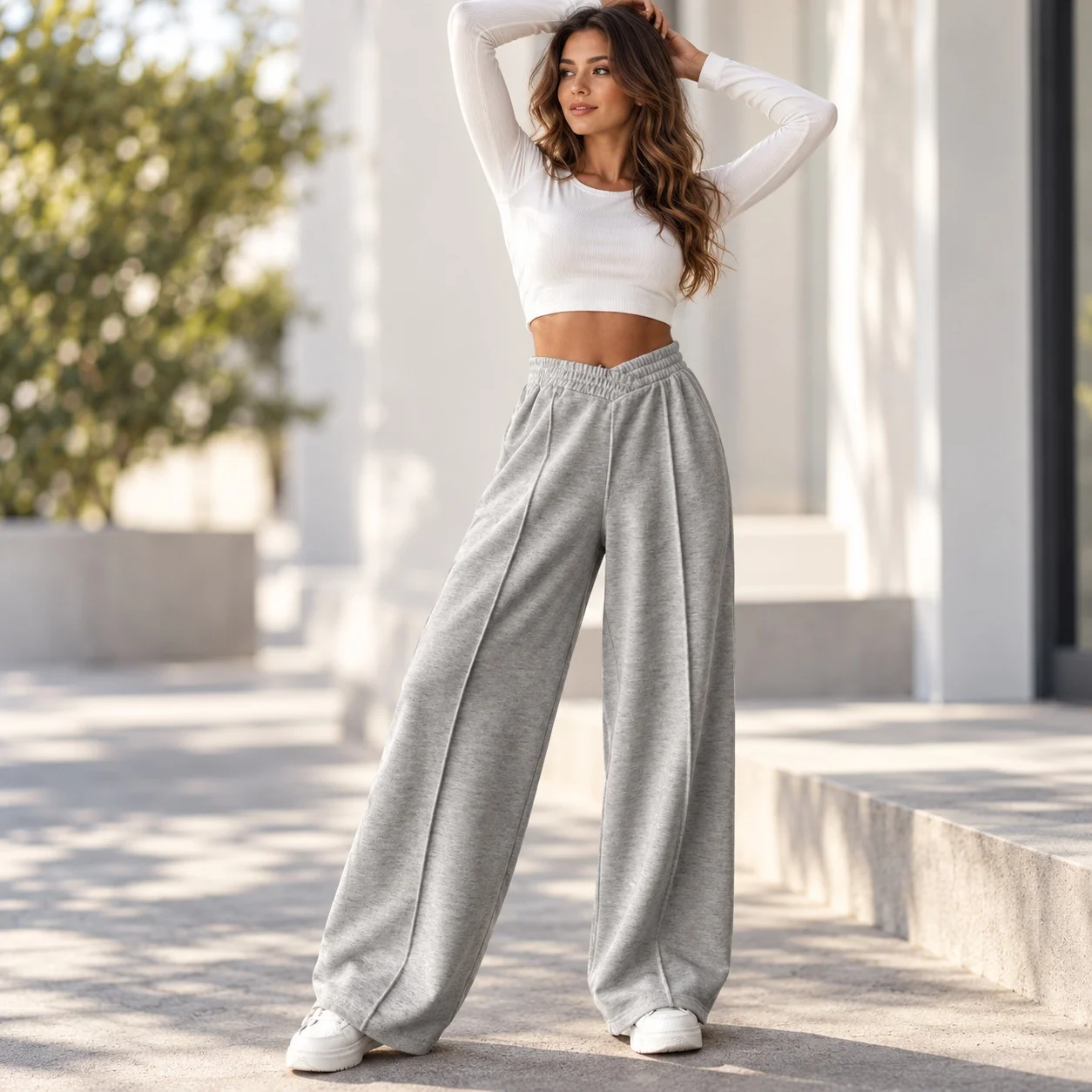 Casual Wide Leg Pants Loose Fit Full Length with Elastic Waist Regular Thickness Woven Japanese Korean Casual Women Pants