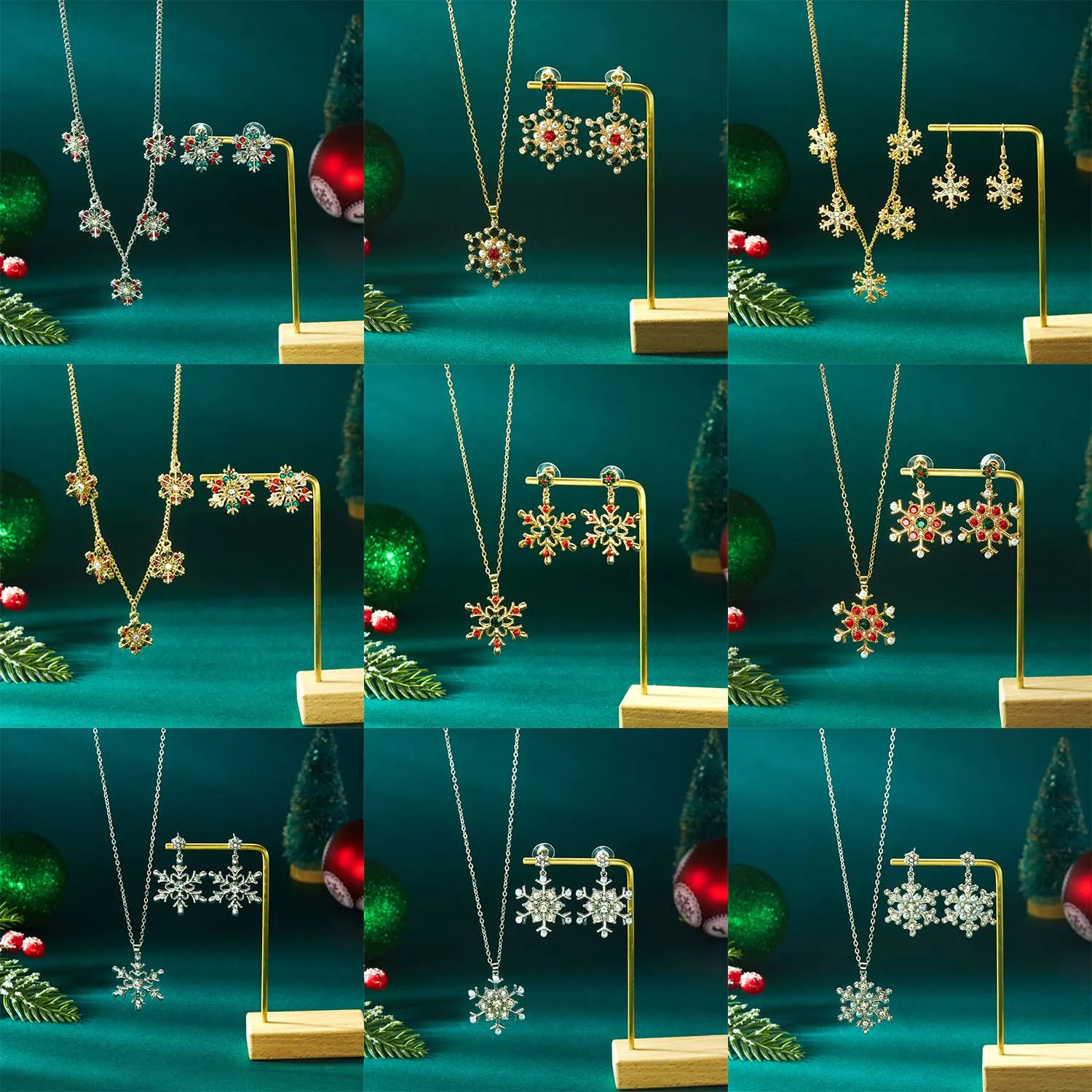 Christmas series snowflake rhinestone pendant necklace earring set fashionable ladies' holiday gift