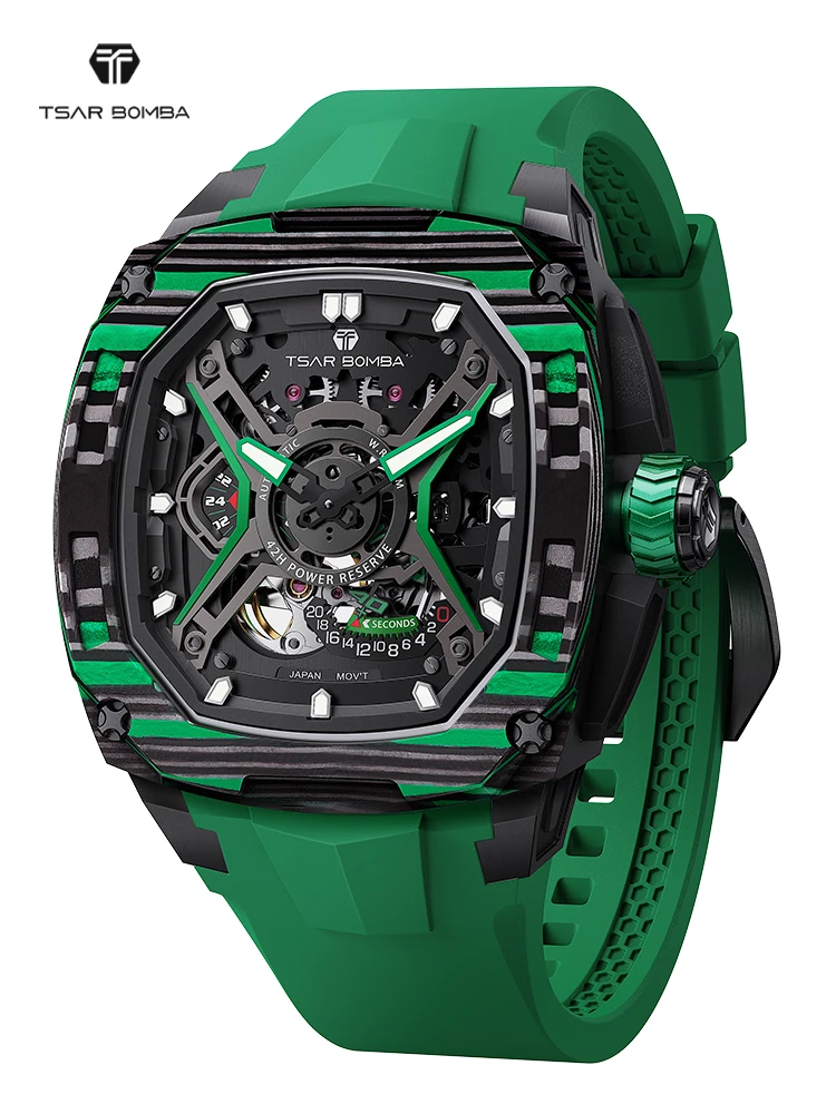 TSAR BOMBA Automatic Watch for Men Square Carbon Fiber Mechanical wristwatch Waterproof Clock Mens Gift
