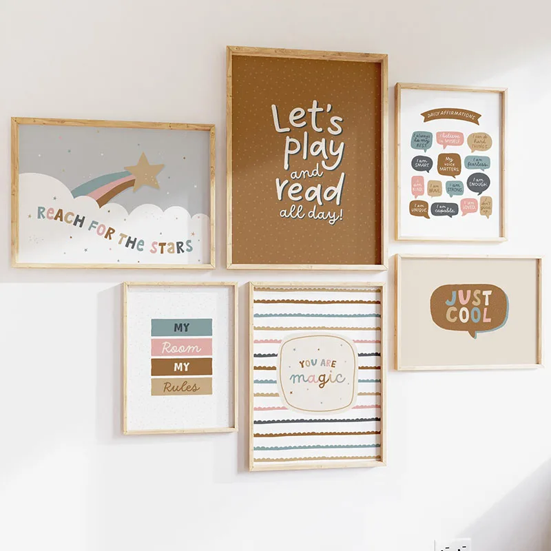 Póster colorido con emociones, estrellas arcoíris para el aula, citas, pintura en lienzo, arte educativo para pared de preesc