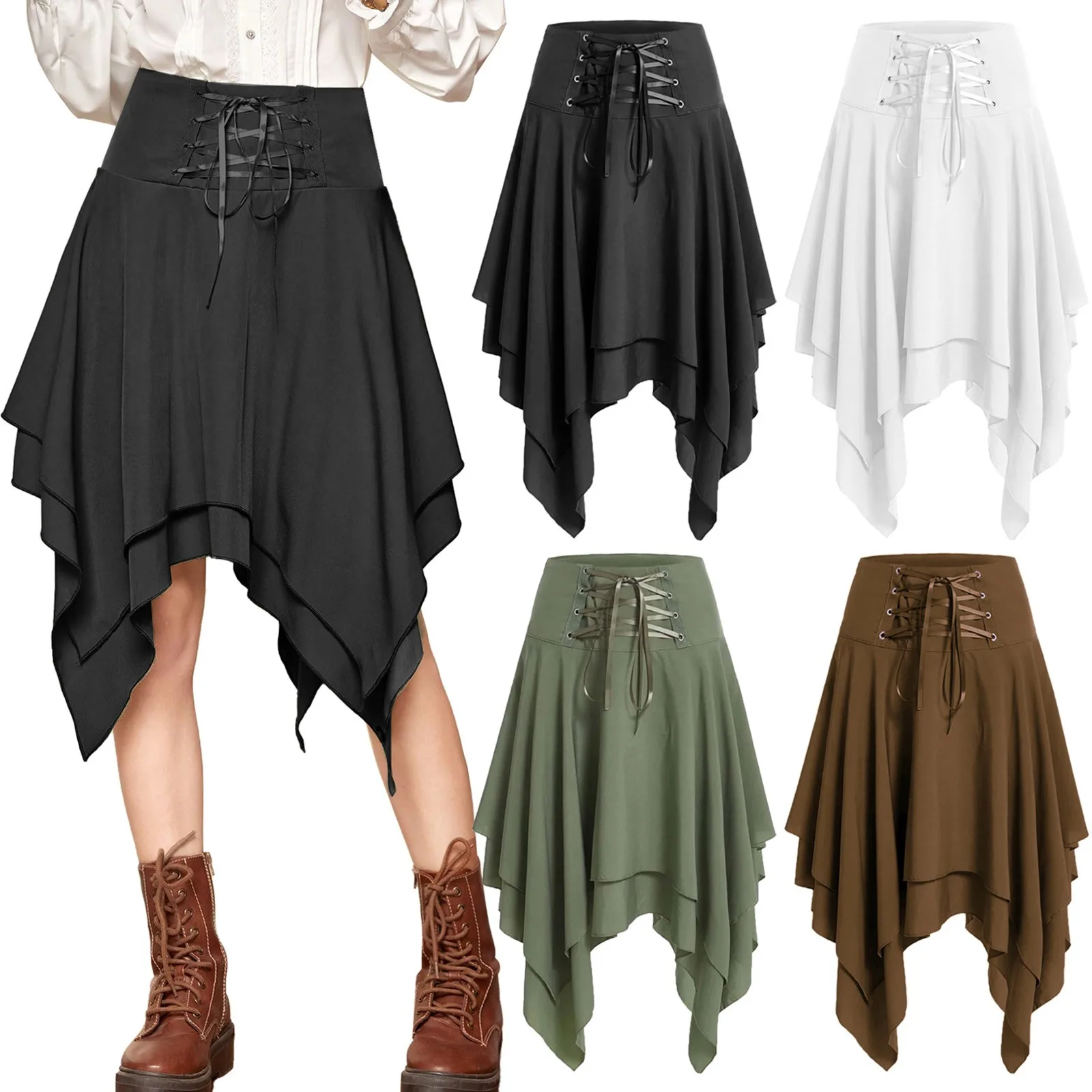 Women Retro Medieval Gothic Skirt Bandage High Waist Lace Up Boho Long Skirt Solid Color Irregular Layer Skirts Faldas Mujer