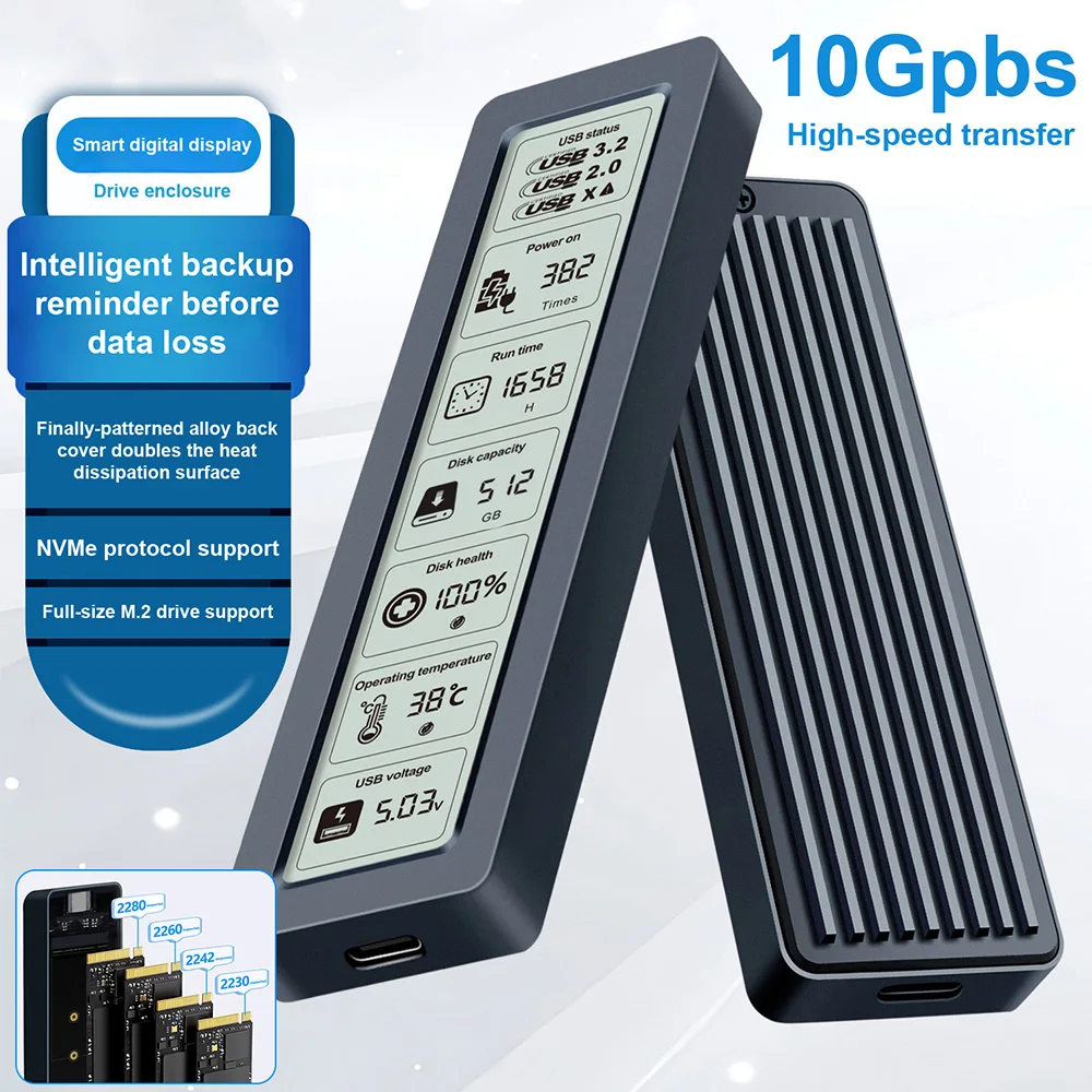M.2 NVME SATA Dual Protocol Digital Display Monitoring Dtorage Box USB 3.2 10Gbps Transfer M2 SSD External Hard Drive Enclosure