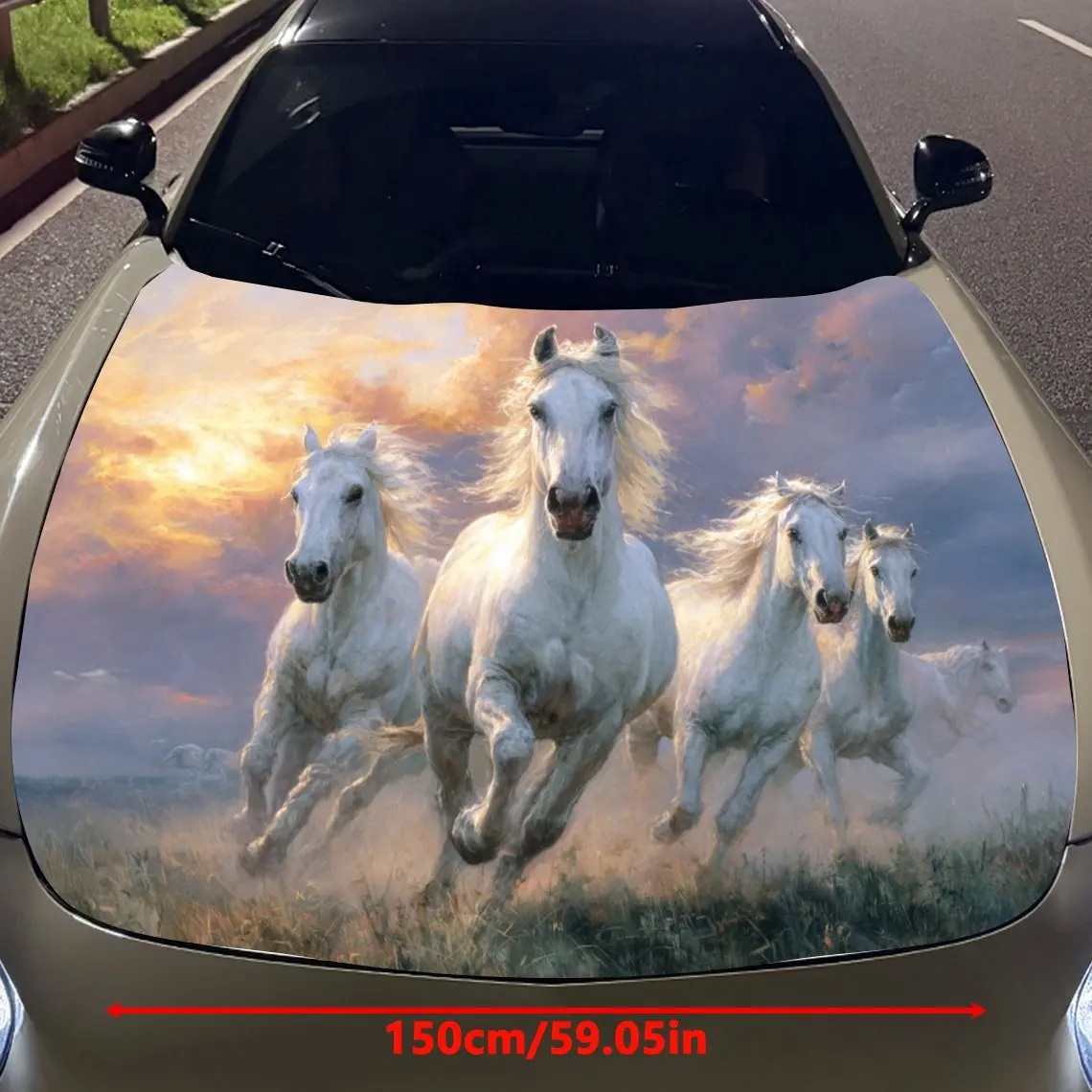 Car Decals White Horses Running in Sunset Field Car Hood Sticker, Waterproof Self - Adhesive Vinyl Graphics Decals, Decorative P