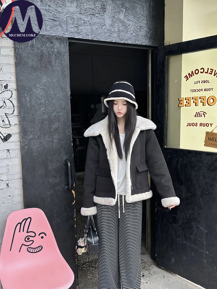 Damski płaszcz futrzany jesienno-zimowy imitacja futra norek kołnierz z futra krótka kurtka moda koreańska luźny krój pogrubiony ciepły płaszcz