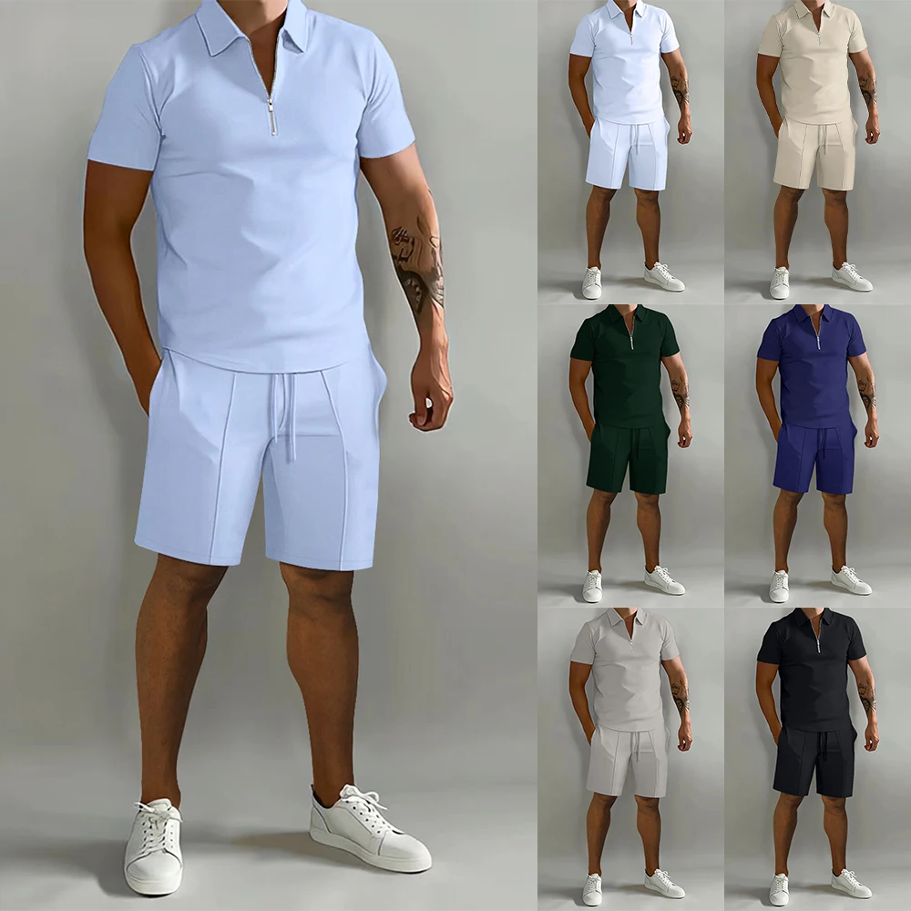 

New Two-Piece Set Y2K Morning Running Exercise Men Casual Solid Trendy Short-Sleeved Polo Tshirt + Sports Shorts Loose Mens Suit