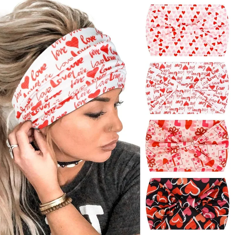 

4 Packs Valentine’s Day Headbands for Women Wide Knotted Valentine Heart Headbands Trendy Love Head Bands