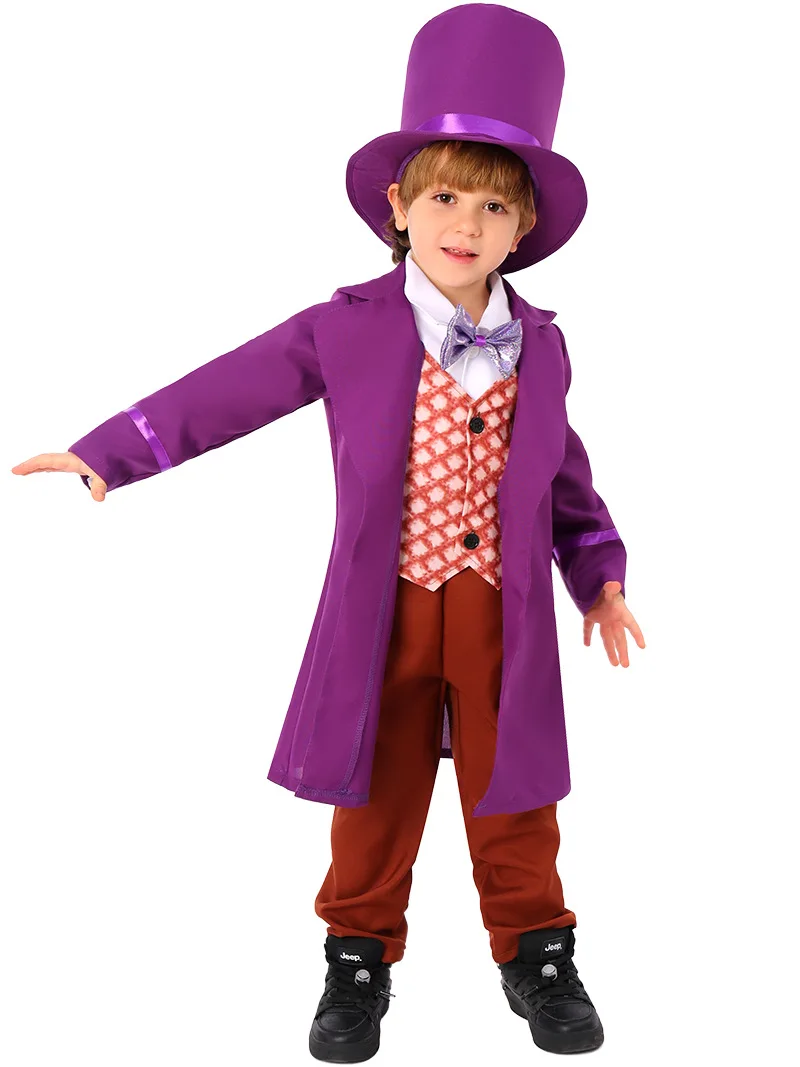 Cartoon personagem charlie chocolate traje cosplay, traje roxo para aniversário e halloween