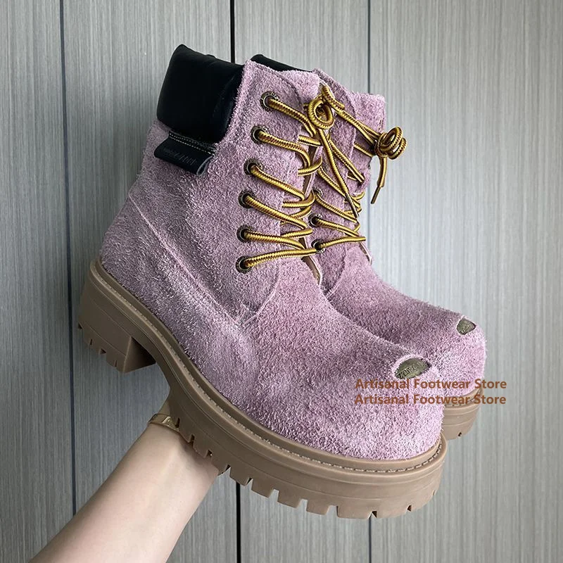 Męskie botki ze skóry zamszowej na podwyższeniu, z dużym okrągłym noskiem, sznurowane, wysokie, modne, stylowe, designerskie, ręcznie robione buty outdoorowe.