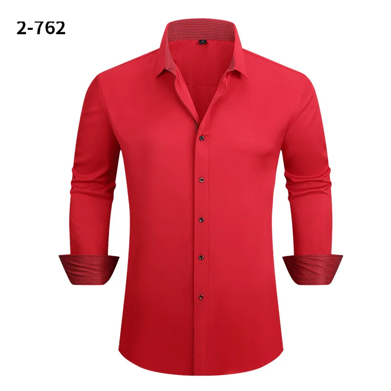 Men's Black Long-sleeve Stretch Shirt, Red Patchwork-trimmed Shirts, Commuter-style Single-Breasted Lapel Tops.