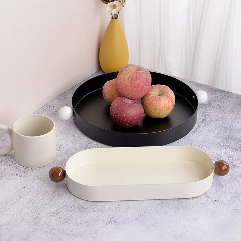 Creative Fruit Plate Metal Round Candy Dish with Handle Oval Table Tray Large  Storage Tray for Living Room Snacks Decoration