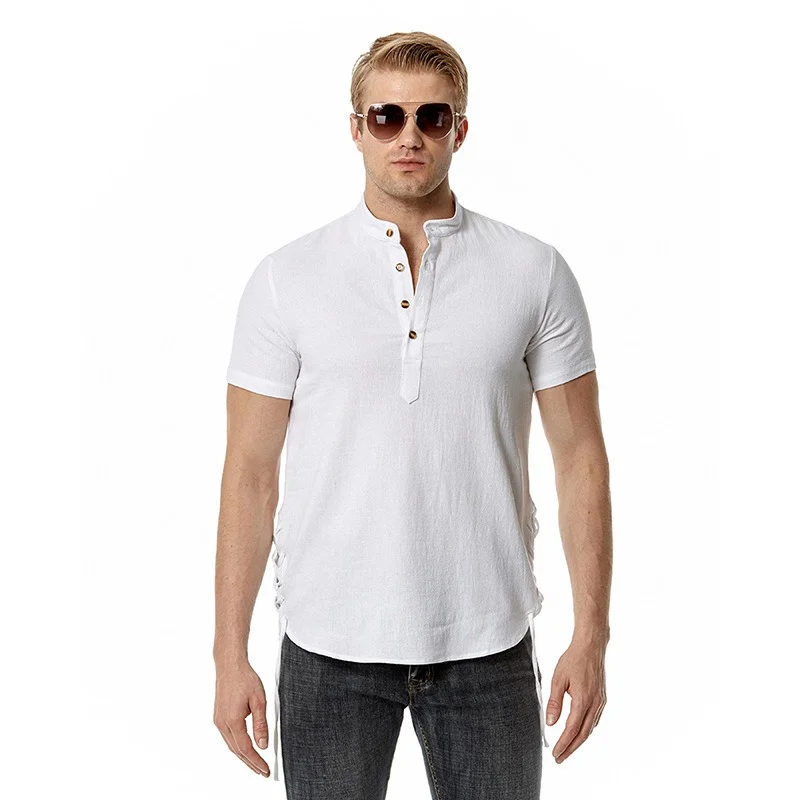 Cotton Beach Shirt Men's Casual Standing Collar Slim Short-sleeved