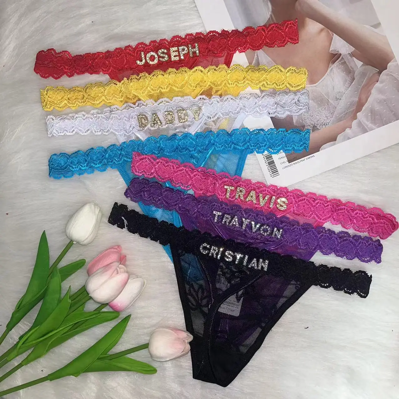 Custom Thong Name Customized Thongs Rhinestone Letters Lace Thongs Personalized Underwear Panties G-String Tanga Jewelry Gift