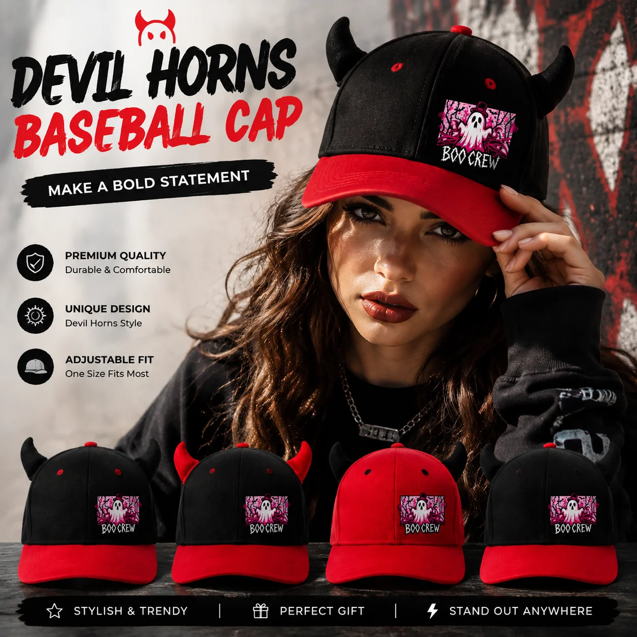 1 Halloween Devil's Corner baseball cap, flat edged buckle style hat with pattern, Gothic streetwear men's and women's hats