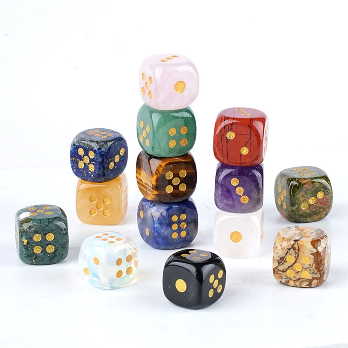 6PCS Solid Crystal Dice Beads Pendant 15mm Handcrafted Natural Mineral Stone for Tabletop RPG, D&D, Board Games & Collection