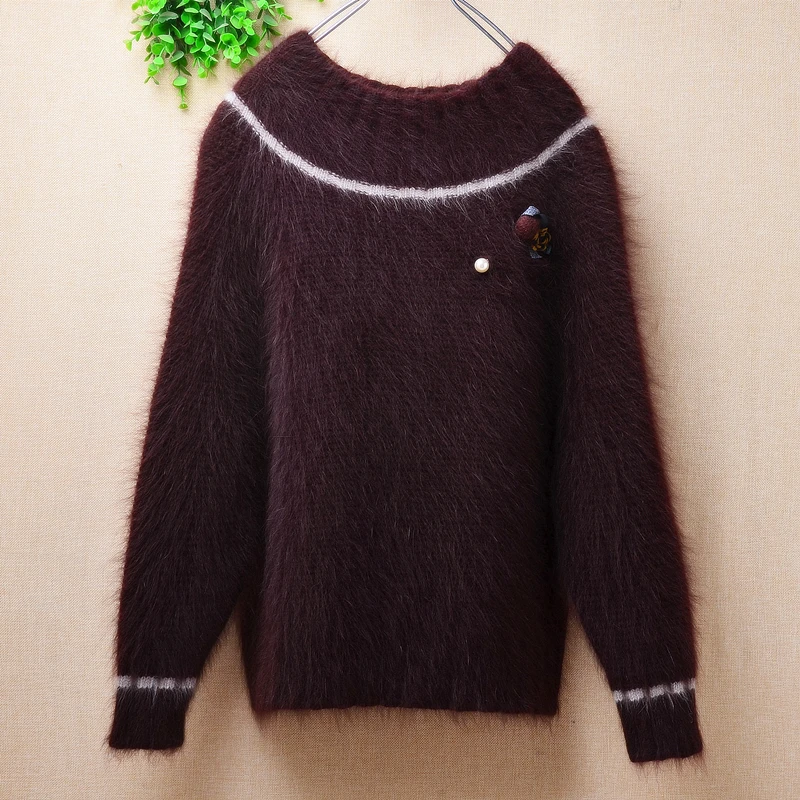 Ladies Women Fall Winter Clothing Hairy Mink Cashmere Knitted O-Neck Long Sleeves Slim Blouse Pullover Angora Fur Jumper Sweater