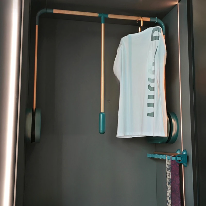 BV pull-down lifting clothes hanging pole Morandi Green Hat Room wardrobe hanging rack with retractable double buffering