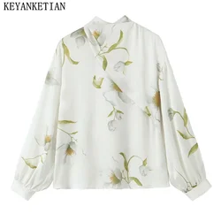 KEYANKETIAN Autumn New Women's Garden Floral Print Shirt Satin Bow Finish Knotted Design Lantern Sleeve Jumper Female Blouses