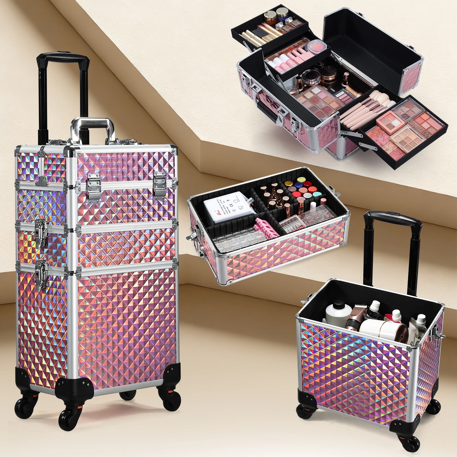 

3 in 1 Professional Aluminum Cosmetic Trolley Suitcase Rolling Makeup Train Cart Case with 360° Wheels for Lock and Key Diamond