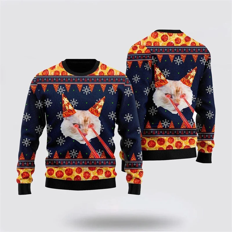 Cool Pizza Laser Cat Ugly Sweater Harajuku Fashion Men Women Pullover Tops Christmas Best Gift Harajuku Trendy Xmas Sweatshirt