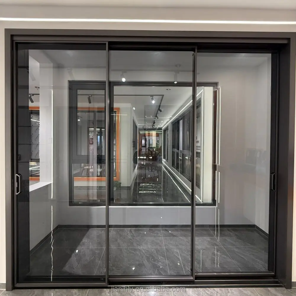 Modern ultra-narrow frame three sliding doors aluminum alloy glass windproof doors can be customized size/color