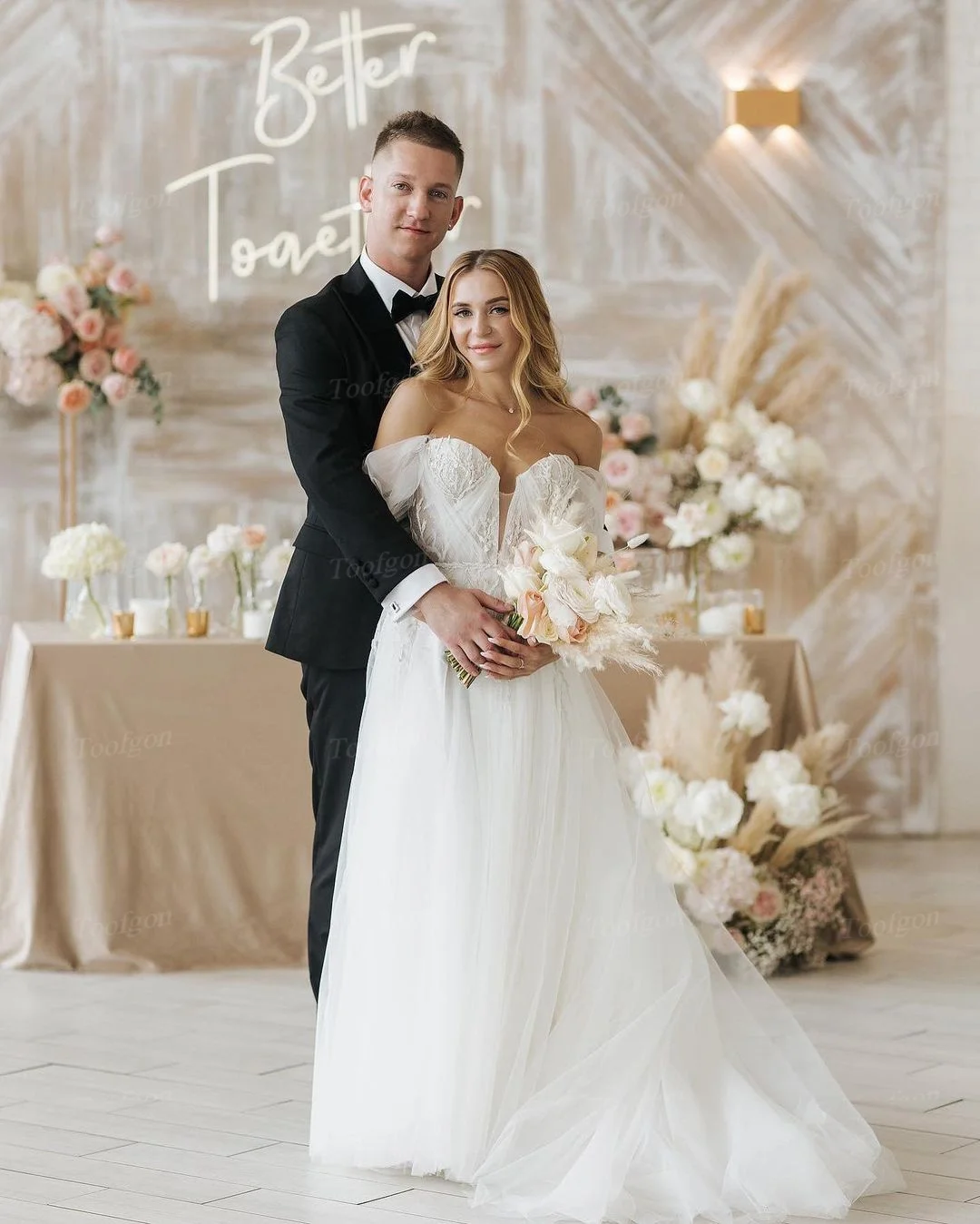 Toofgon vestido de novia de encaje con apliques de tul de una línea elegante, corsé con hombros descubiertos, vestidos de novia para fiesta