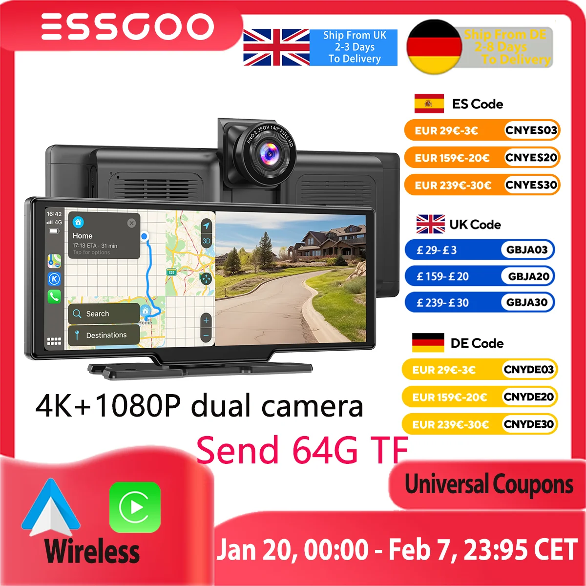 ESSGOO 10.26 Car DVR 4K Camera Wireless Carplay Android auto Ai Screen Dash Cam Dual Len Video Recorder GPS Navigation Dashboard