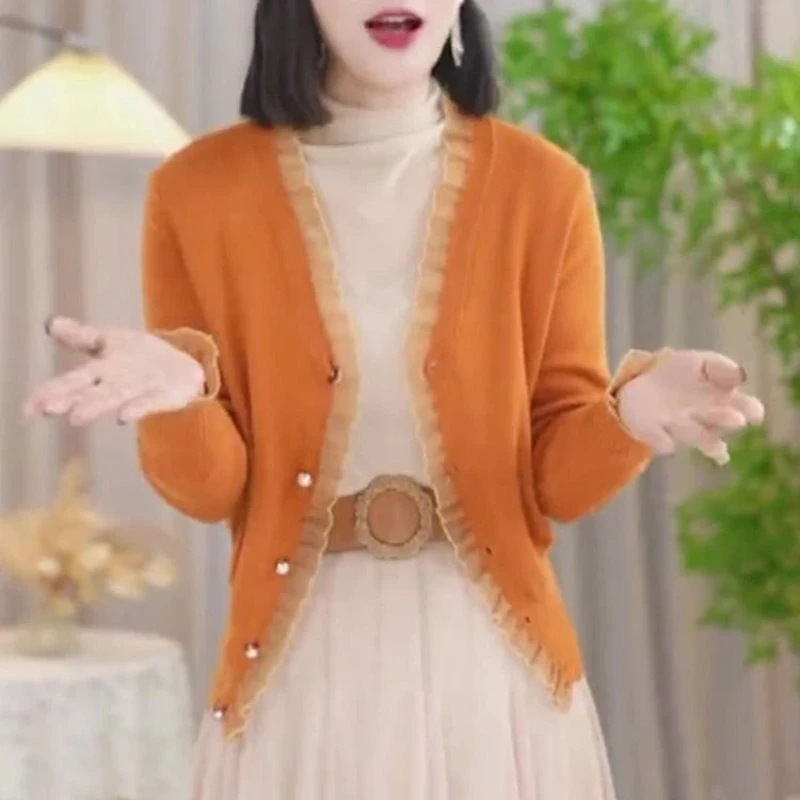 

Elegant Women's Knit Cardigan With Ruffled Trim Soft Prairie Chic Style Casual Wear For Spring And Autumn