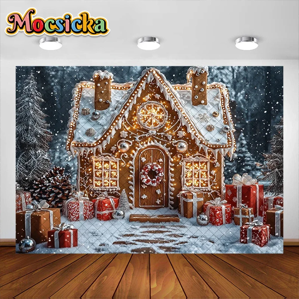 Mocsicka fondo de fotografía, decoración de Navidad, cabaña de pan de jengibre, nieve, vacaciones para niños, accesorios de estudio fotográfico