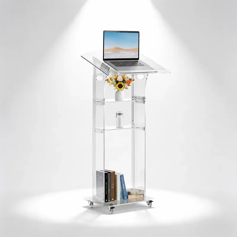Transparent Acrylic Podium Modern Minimalist Portable Conference Speaking Table Movable Lectern with Wheels for Presentation