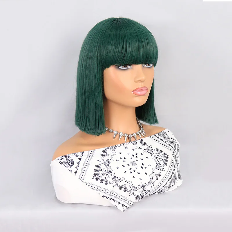 Green Short Hair Wig With Bangs Straight Synthetic Wig for Women Cosplay Natural Looking Daily Fake Hair Heat Resistant Fiber