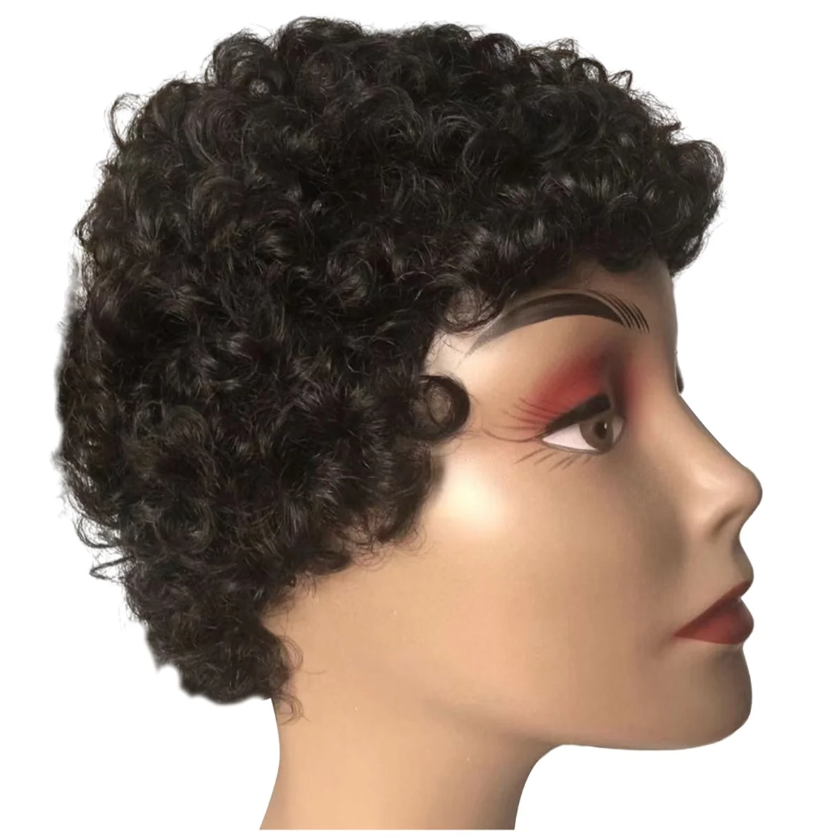 WIND FLYING Cheap Pixie Cut Short Curly Human Hair Wig for Women Remy Brazilian Hiar Wig Afro Curl Short Human Wig, Black