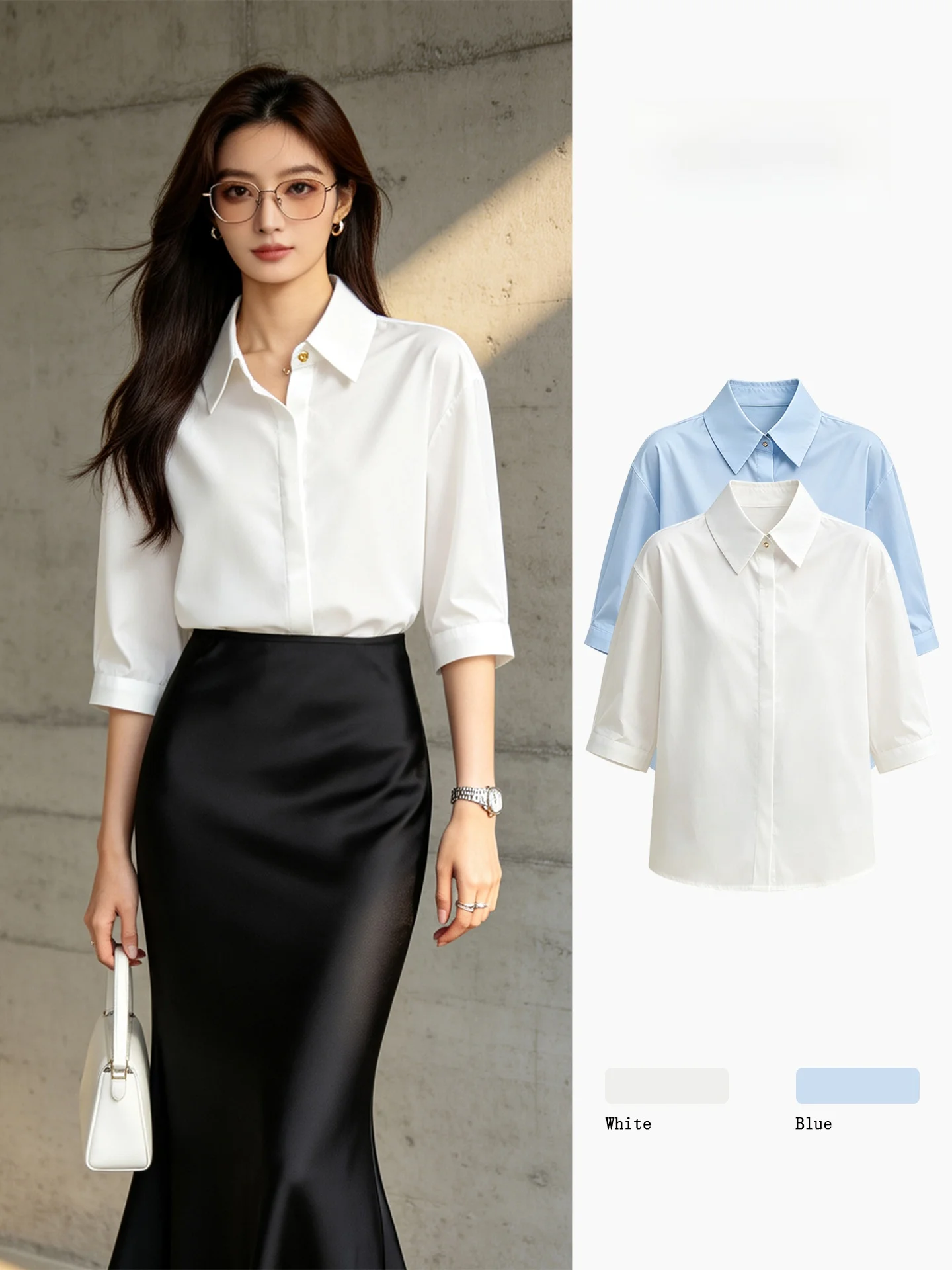 

Women's Five-Quarter Sleeve Shirt Korean Style Commute Fashion Slim Fit Turn-down Collar Office Shirt Comfortable Commute Top