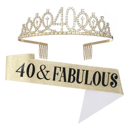 Gold Silver Glitter Birthday Tiara & Sash for Women Glitter Crystal Crown Sash Set 30 40 50th Birthday Party Decor Favor Gift