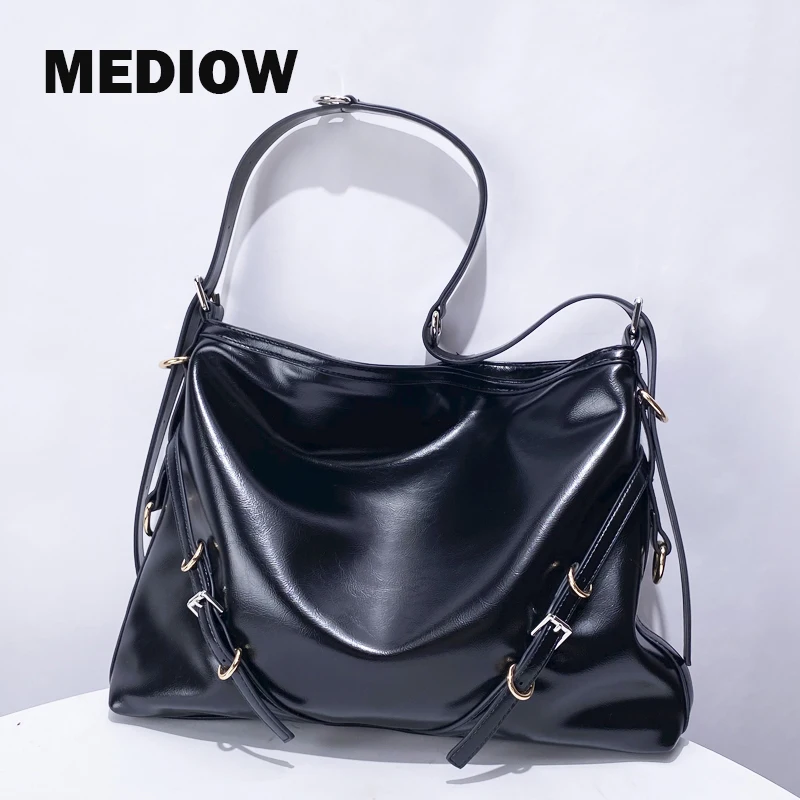 MEDIOW Moto & Biker Bag For Women Luxury Designer Handbag Purses 2024 New In Oil Wax Leather Belt Buckle Large Capacity Shoulder