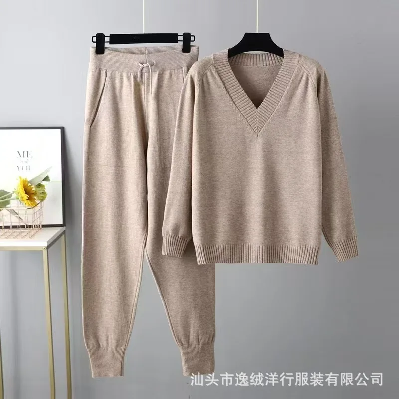 2026 Herbst Winter Damen V-Ausschnitt Strick-Zweiteiler Weicher Pullover Hochgeschnittene Strickhose Locker Modisch Täglich Streetwear – Detail 6