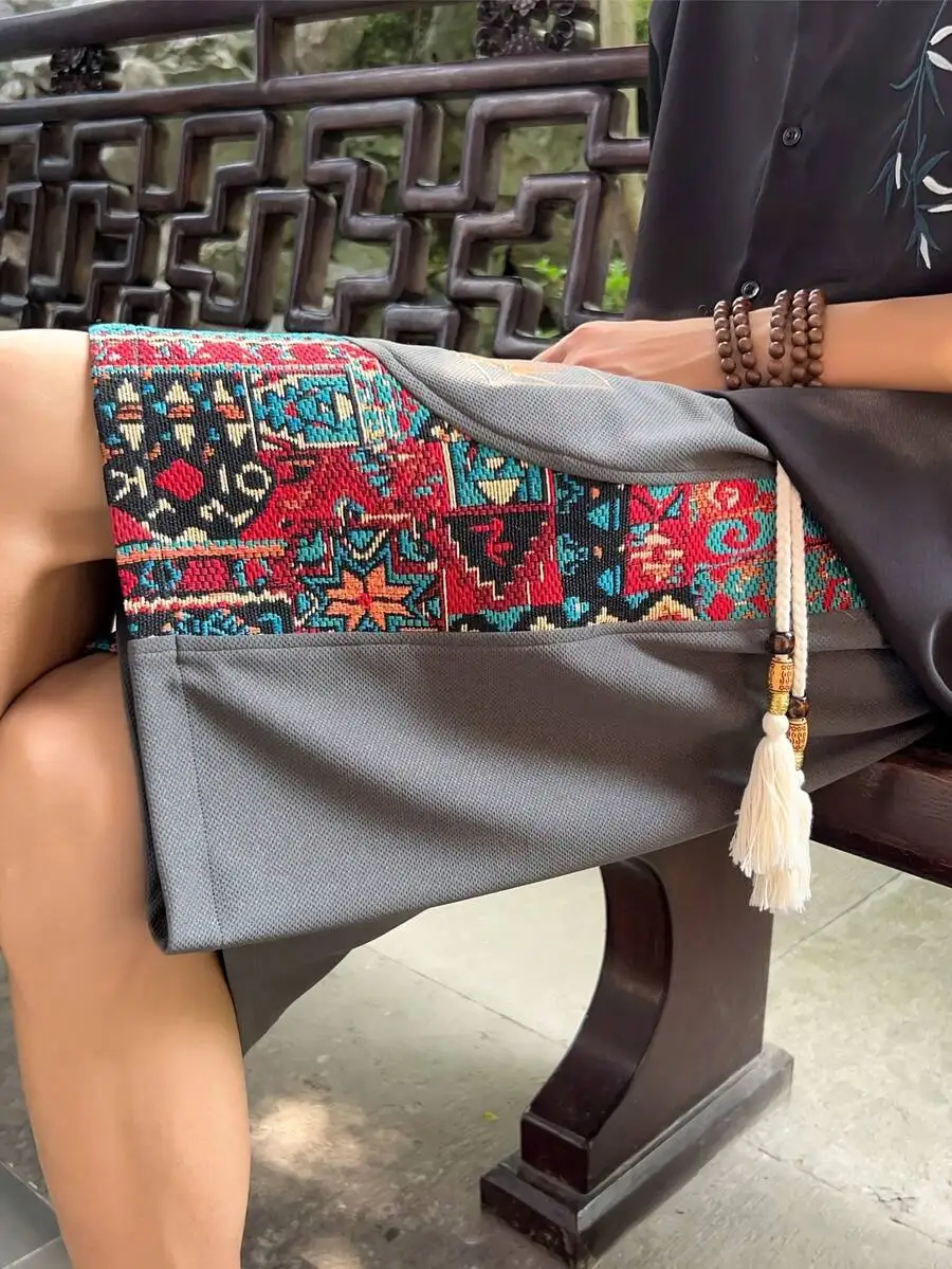 Patchwork Embroidered Bermuda Shorts For Adults Casual Summer Loose Fit