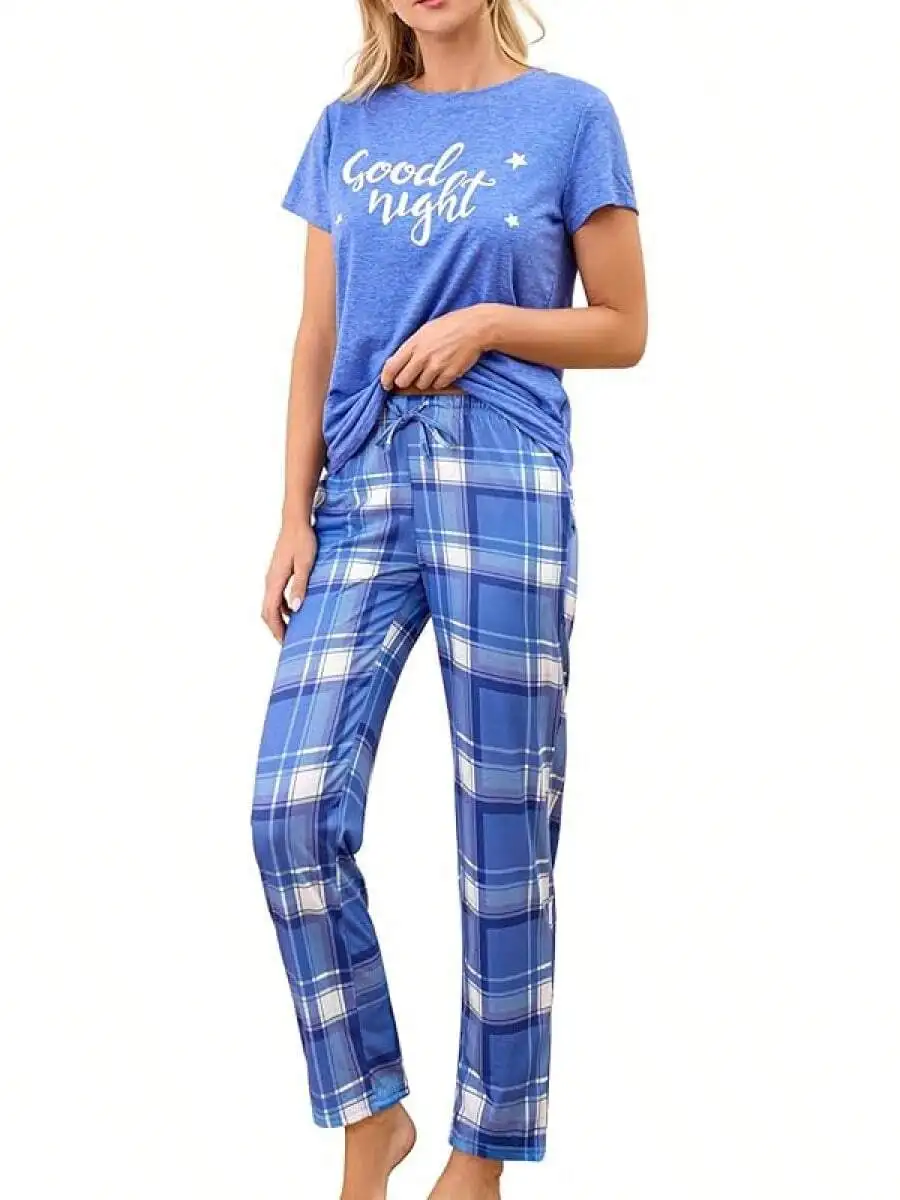 Womens Short Sleeve Pajama Set With Plaid Long Pants And Pocket
