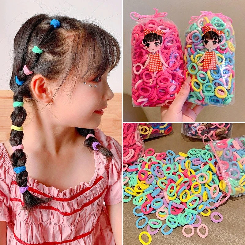 100pcs/lot Kids Color Scrunchies 20mm Non-damaging Headbands Girls Tie High Ponytail Hair Accessories High Elastic Rubber Bands