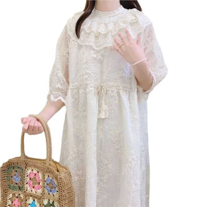 Vestido japonês de manga curta com gola de folha de lótus de renda de camada dupla doce verão suave francês