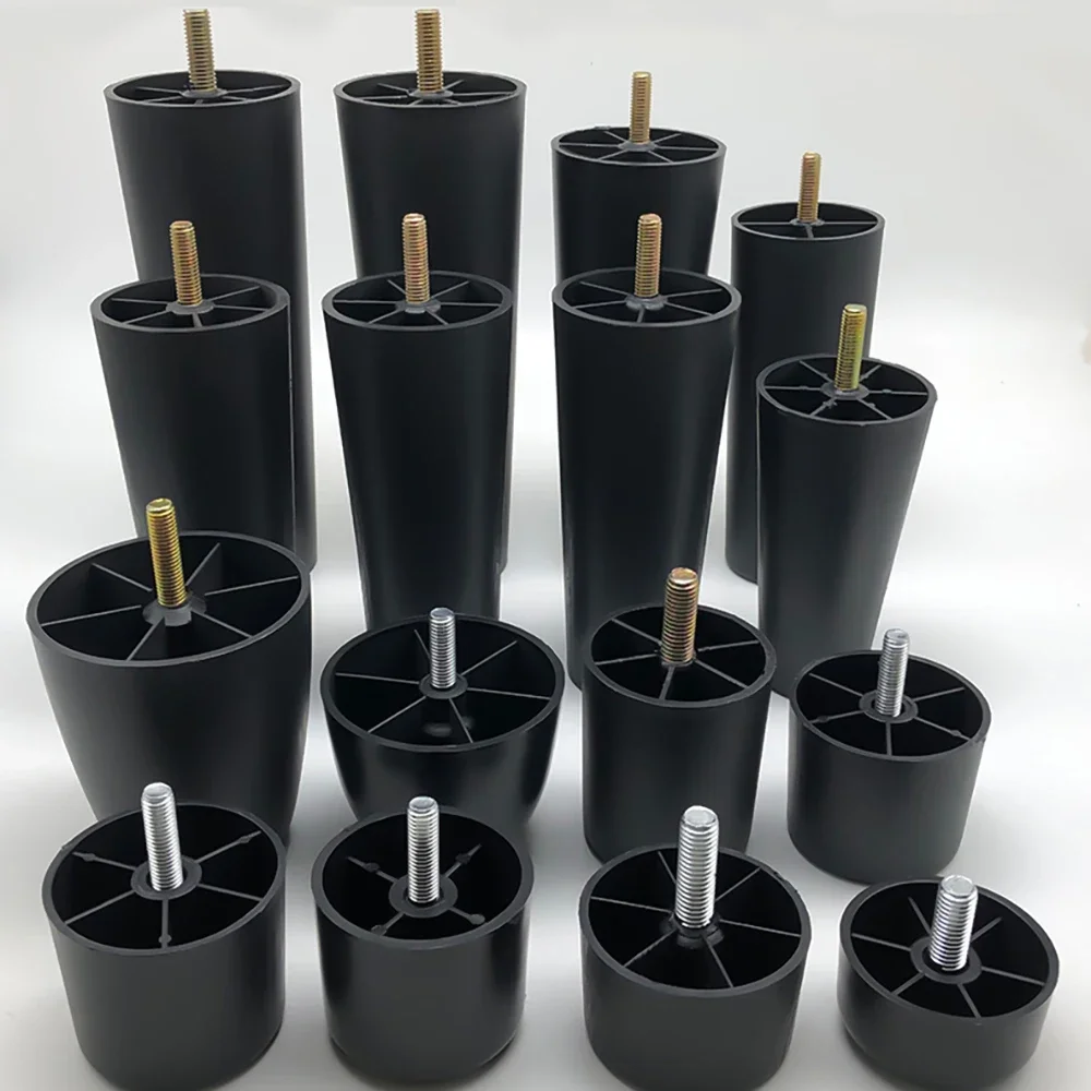 جولة مدبب الأسود البلاستيك أرجل قطع الأثاث قدم عالية 25-180 مللي متر المضادة للانزلاق وسادة للقدم مع M8 M10 موضوع عرقوب للأريكة وكرسي