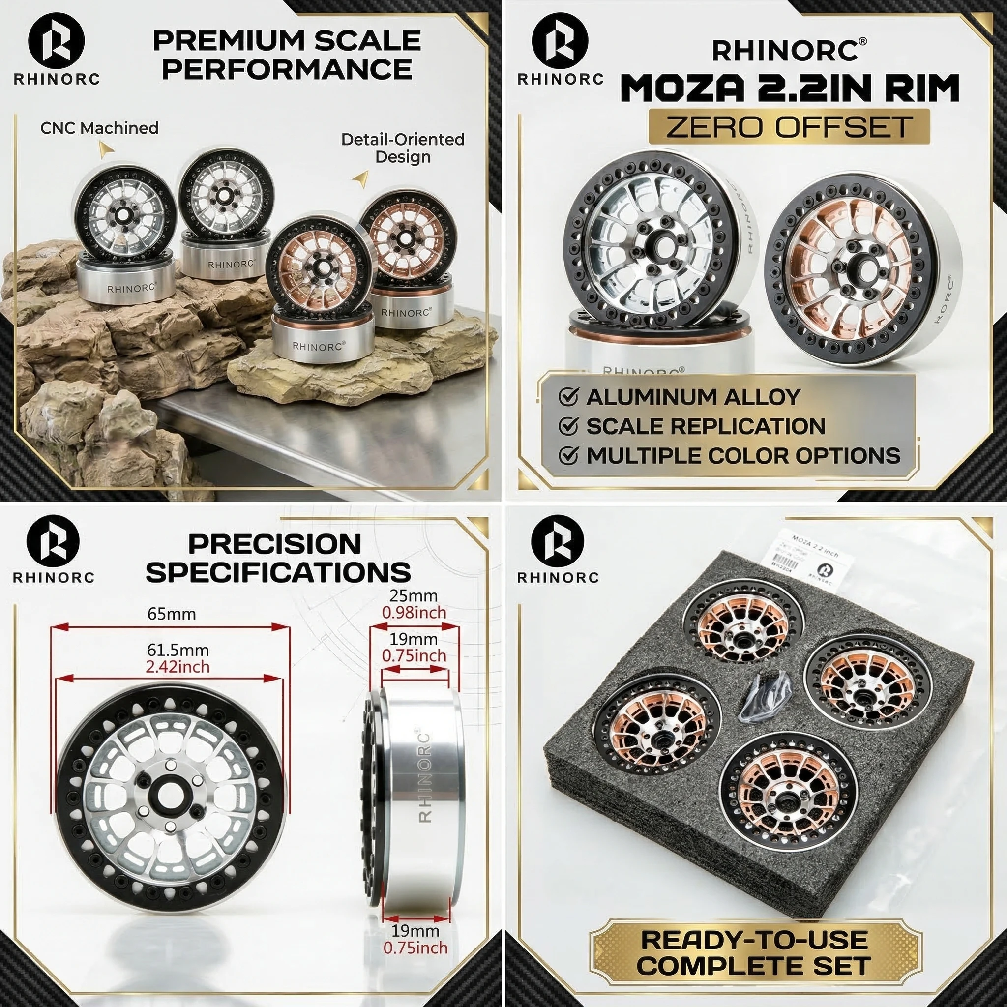 Rhino MOZA 2.2 Inch 25mm Narrow Zero Offset RC Crawler Rims Set of 4 for 1/10 Scale SCX10 pro TRX4 Shafty Bully 2 MOA