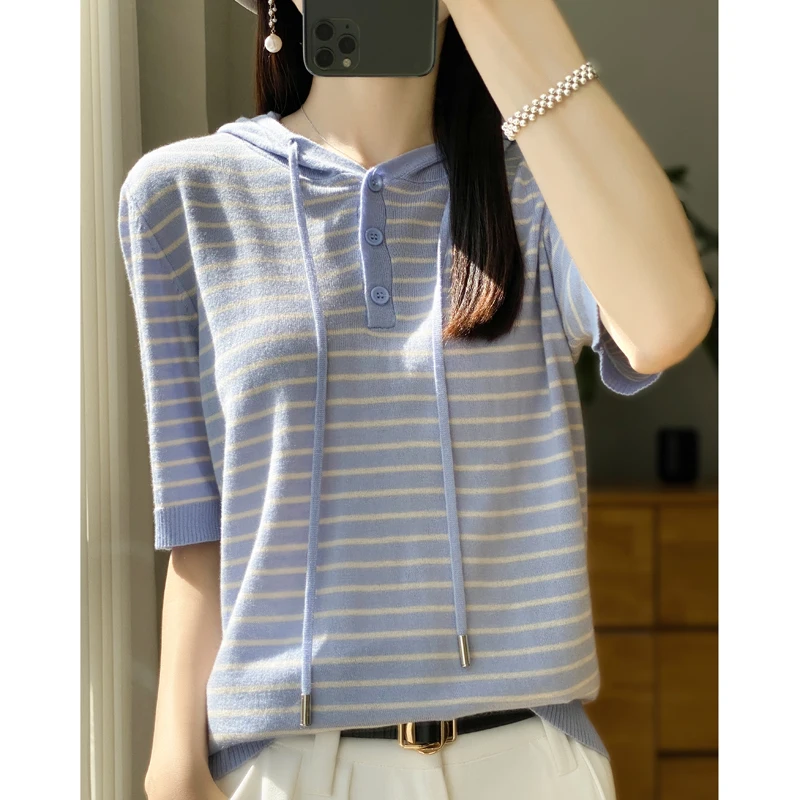 Striped Hooded Solid Button Versatile Soft Popular Blouse Spring/Summer Women's New Hoodie